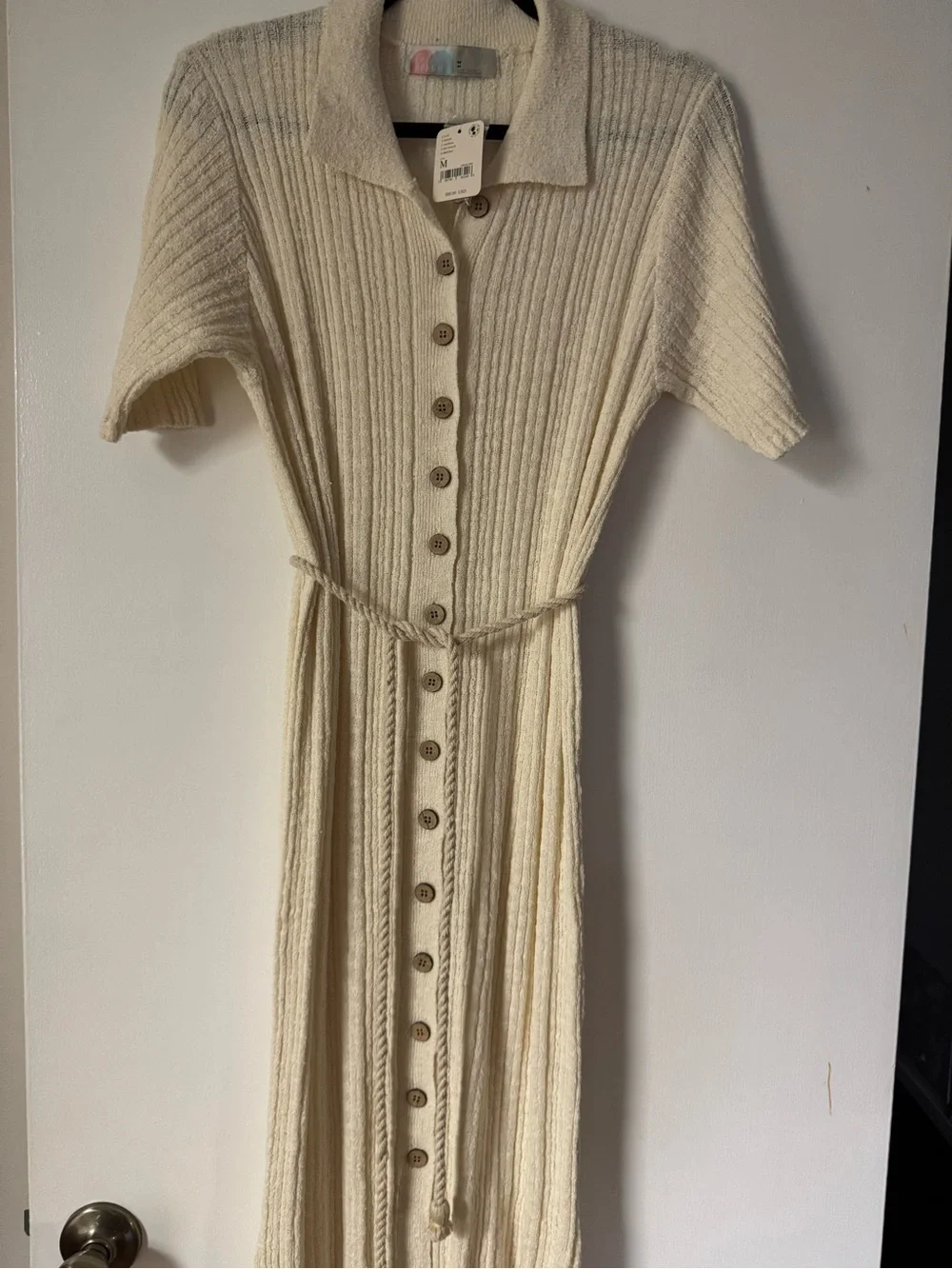 Free People Cream Ribbed Button-Front Midi Dress